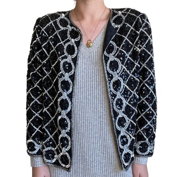 Vintage Womens 80s Silver Black Sequin Sparkly Geometric Silk Embroidered Blouse - Picture 3 of 8
